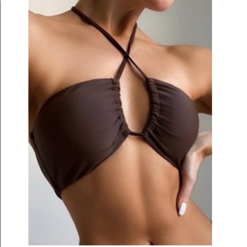 SHEIN brown drawstring front halter bikini top